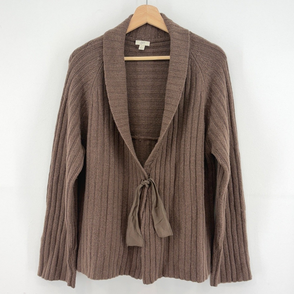 J. Jill Wool Angora Soft Shawl Collar Ribbon Tie Front Cardigan Brown L Earthy